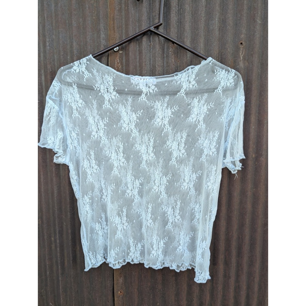Blakeley Y2K Fairy Lace Top Women Large Blue Coquette Indie Mesh Sheer Blouse